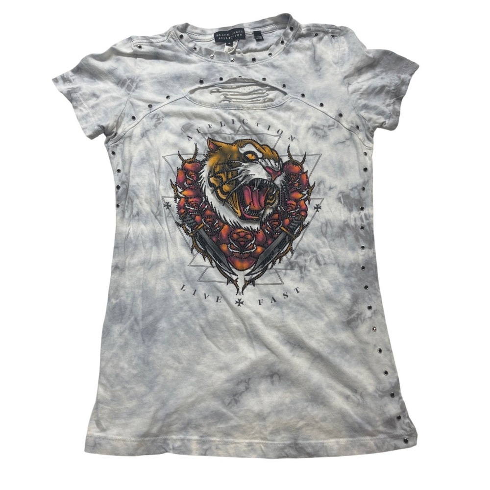 Affliction Black Label T-Shirt Womens S Grey Excellent Tiger 
Studded Cutout y2k